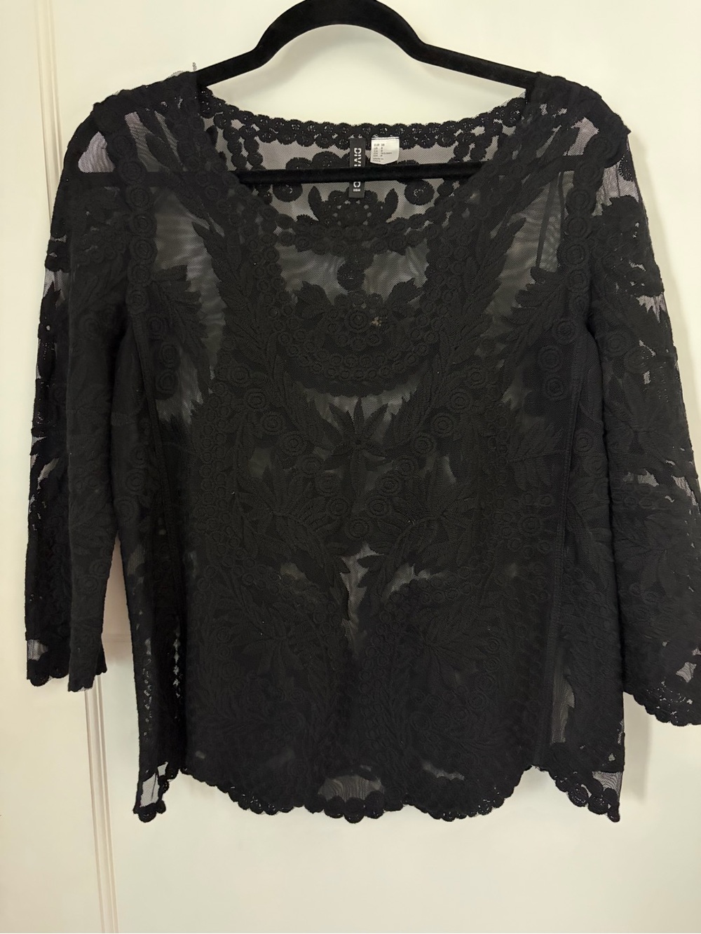 H&M Black Lace Sheer Floral Embroidered Blouse